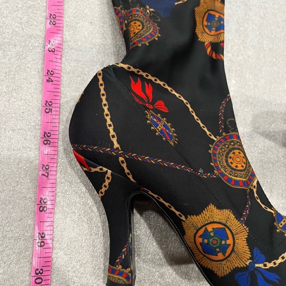 [38/7-7.5]ZARA Woman Black Satin Scarf Print Thigh High Heel Pointed Boots - Picture 7 of 11